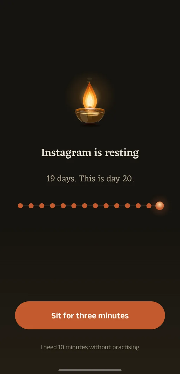 The lock face over a guarded app: Chrome is resting, 19 days, this is day 20, with a button to sit for three minutes.